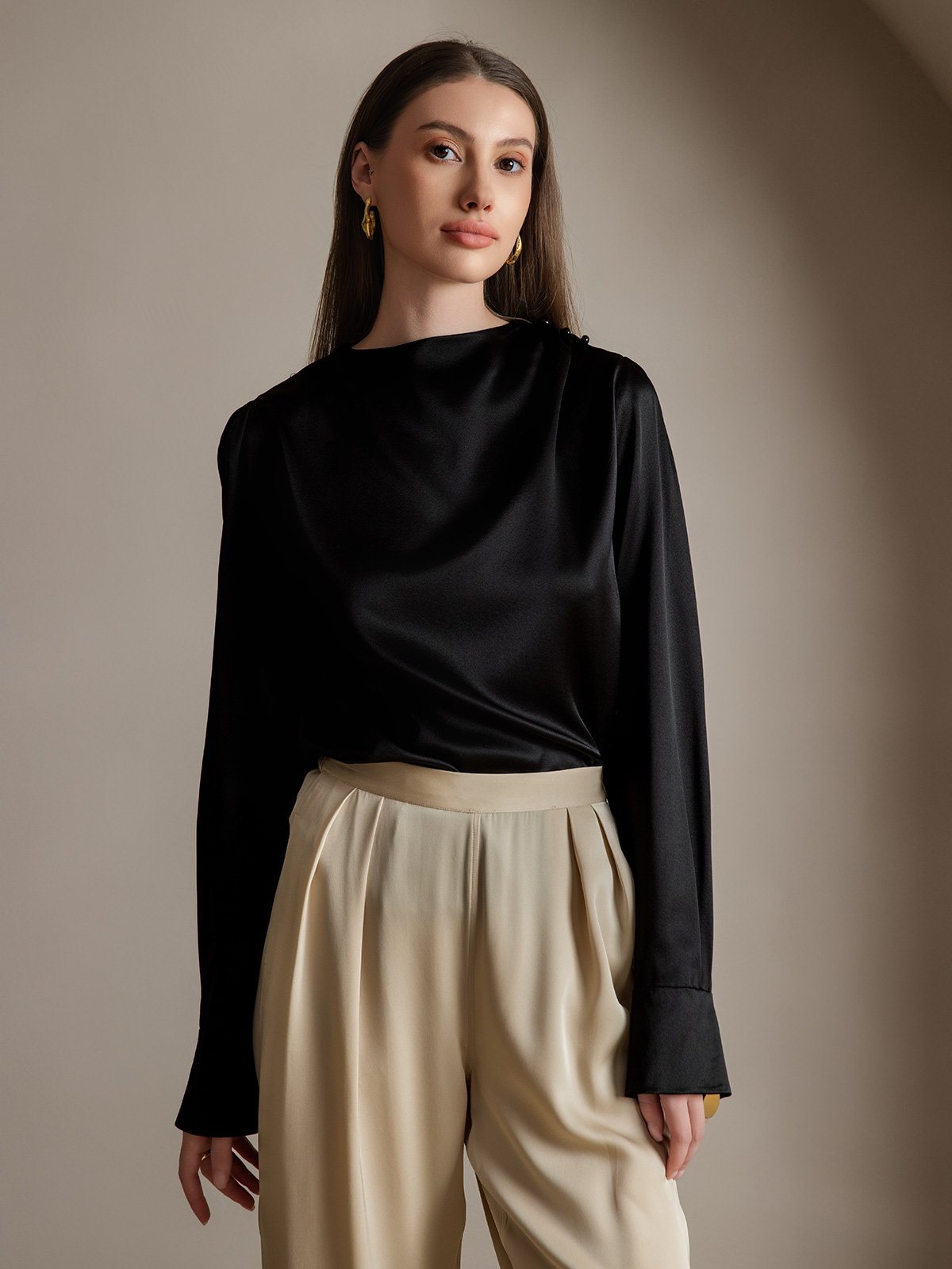 [أسود] SilkSilky-SA 19Momme الحرير Womens Shirt 001