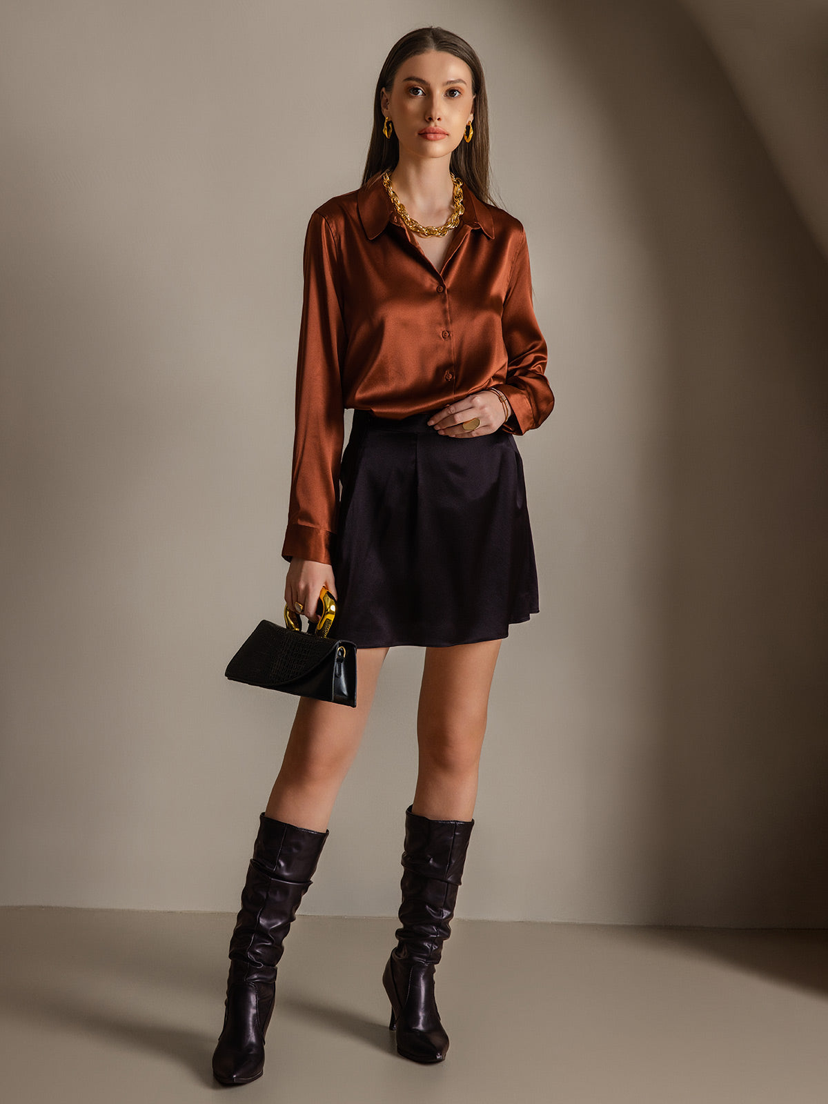 [الكراميل] SilkSilky-SA الحرير الأكمام الطويلة Lapel Collar بلايز نسائية 005