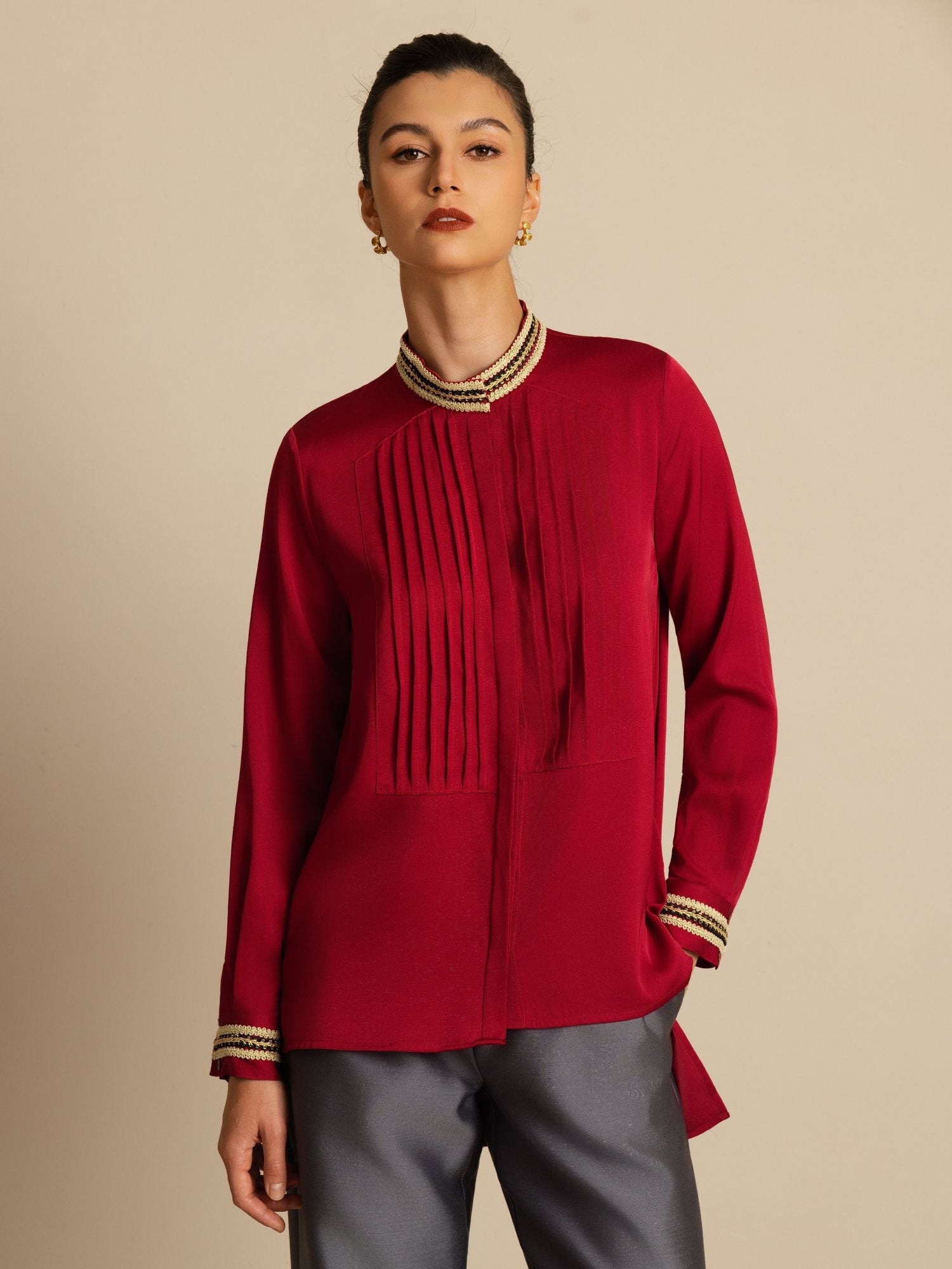 [خمر] SilkSilky-SA 19Momme الحرير الأكمام الطويلة ياقة القاع بلوزة 004