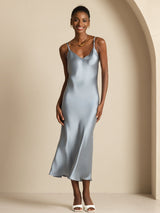 [أزرق رمادي] SilkSilky-SA Sleeveless V Neck فساتين نسائية 007