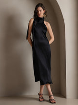[أسود] SilkSilky-SA Sleeveless Tie Neck فساتين نسائية 006