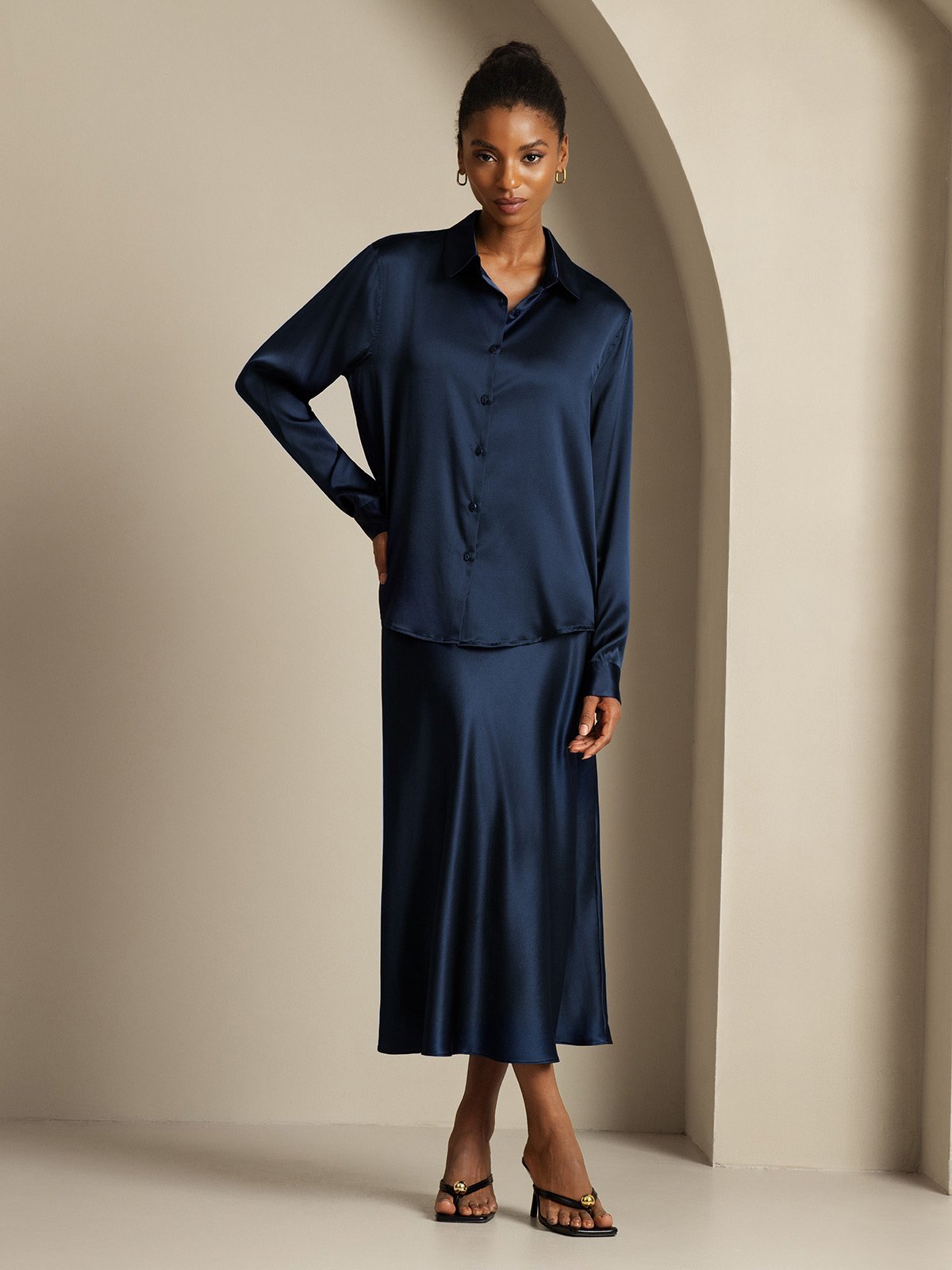 [أزرق غامق] SilkSilky-SA 19Momme الحرير Lapel Collar Women''s Outfit Sets 006,