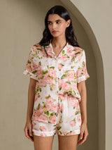 [فاوانيا بيضاء] SilkSilky-SA Short Sleeve Notch Collar طقم بيجامة نسائي 001