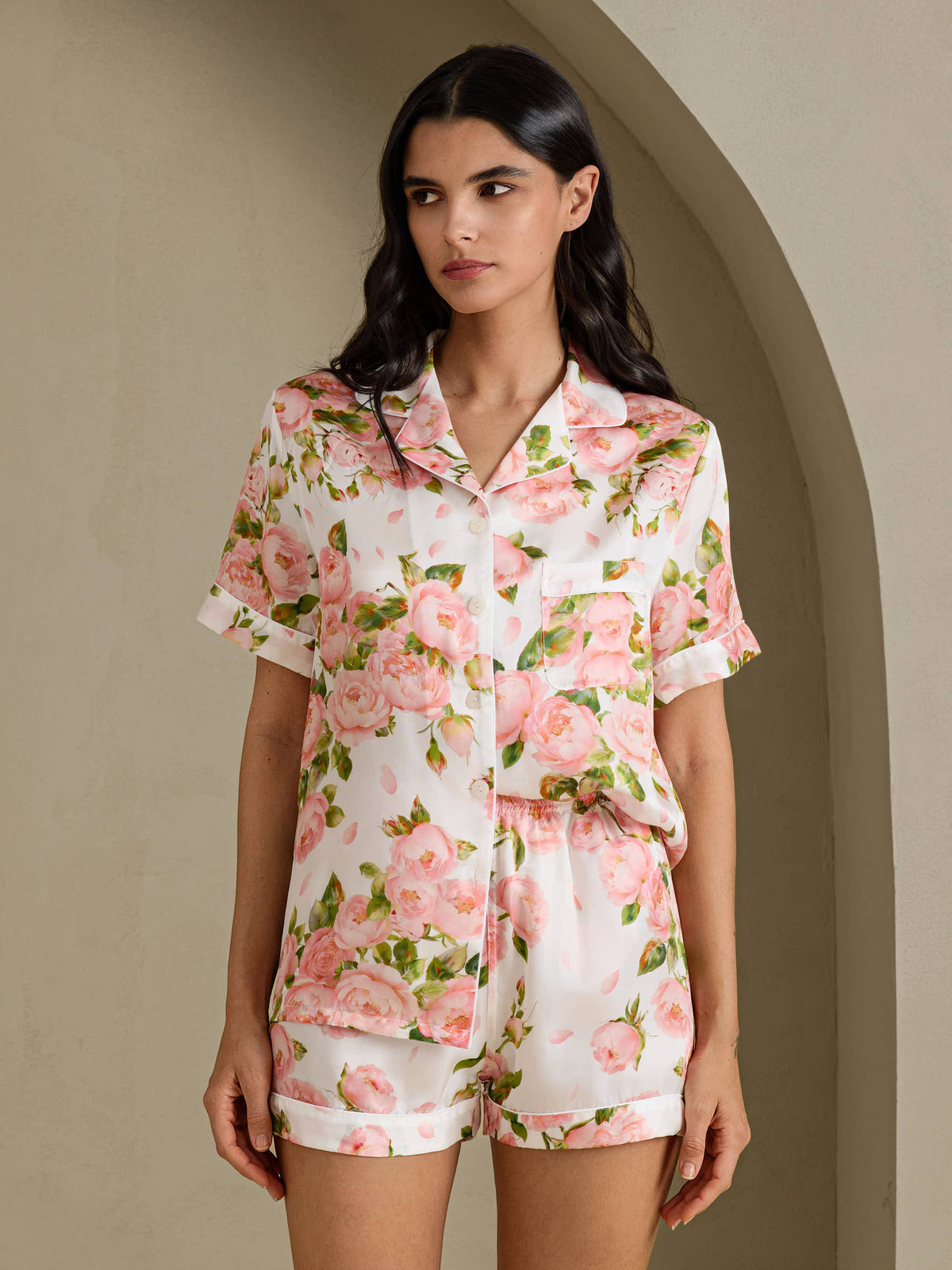 [فاوانيا بيضاء] SilkSilky-SA Short Sleeve Notch Collar طقم بيجامة نسائي 001