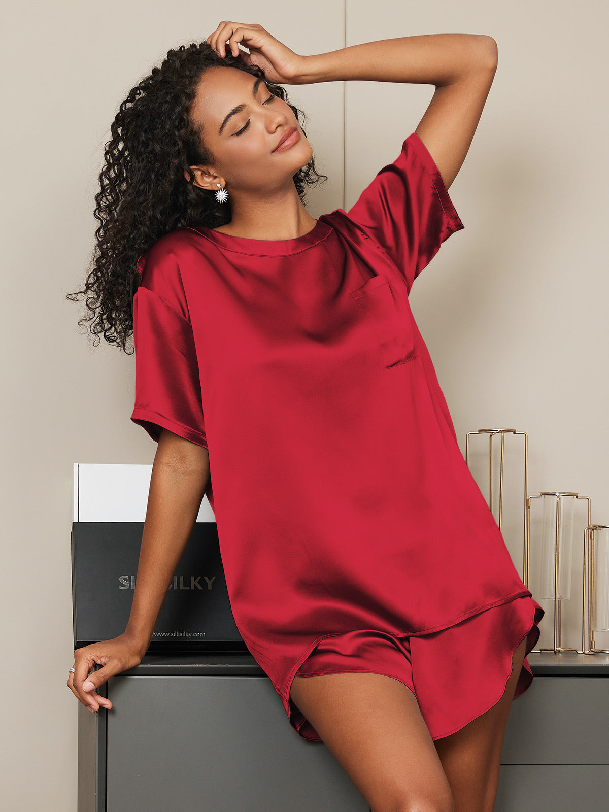[خمر] SilkSilky-SA الحرير الخالص رقبة مستديرة طقم بيجامة نسائي 005