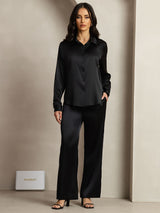 [أسود] SilkSilky-SA 19Momme الحرير Lapel Collar Women''s Outfit Sets 001,