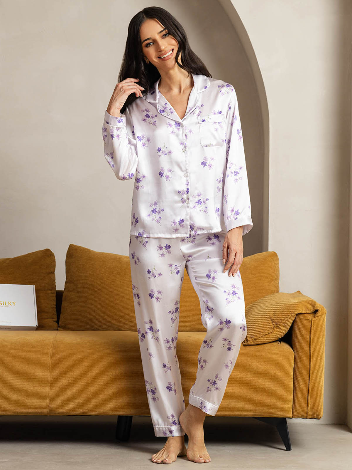 [تفتح الليلك] SilkSilky-SA الحرير الخالص Womens Pajamas 001