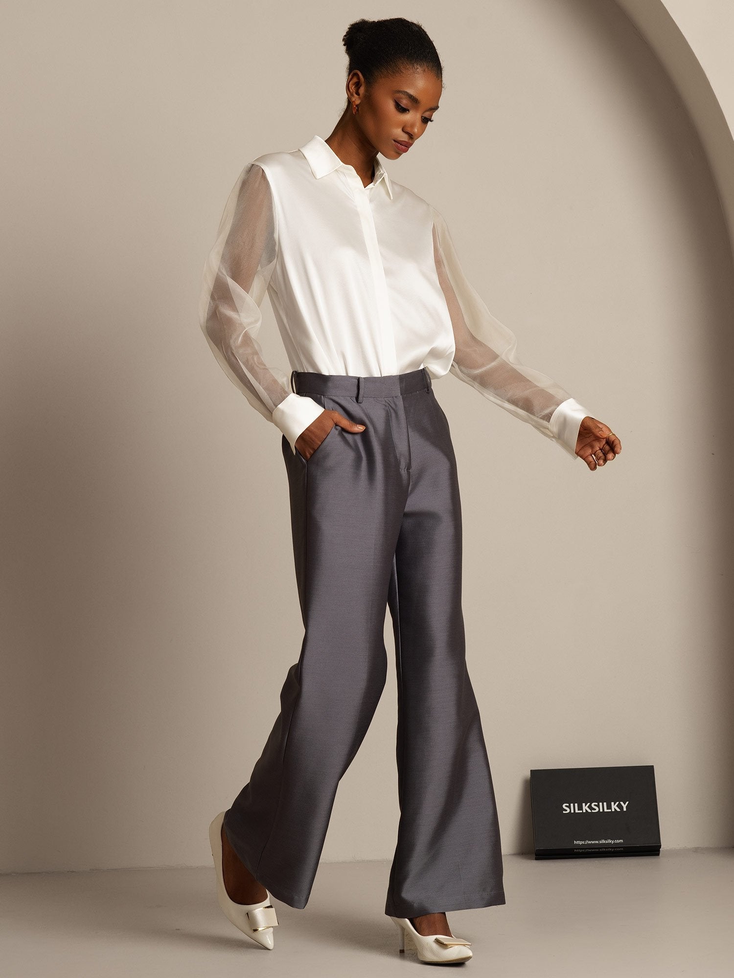 [رمادي] SilkSilky-SA 32Momme الحرير Womens Pants 008,