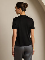[أسود] SilkSilky-SA 100% Silk Jersey Short Sleeve ياقة نصف عالية تي شيرت نسائية 002