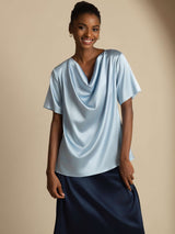 [أزرق رمادي] SilkSilky-SA Short Sleeve Cowl Neck بلوزات نسائية 004