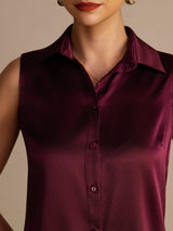 [احمر غامق] SilkSilky-SA Sleeveless Lapel Collar بلايز نسائية 004