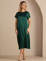 [أخضر غامق] SilkSilky-SA Short Sleeve Round Neck فساتين نسائية 005
