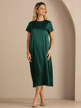 [أخضر غامق] SilkSilky-SA Short Sleeve Crew Neck فساتين نسائية 005