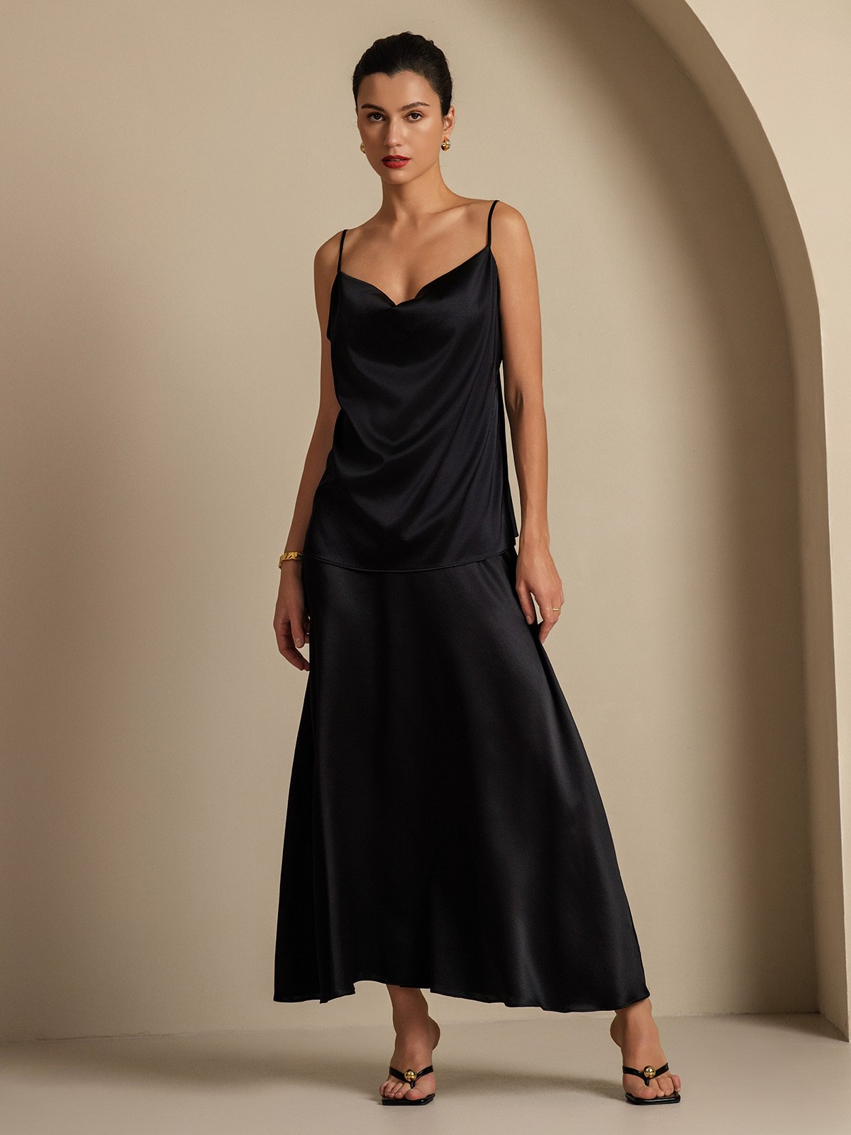 [أسود] SilkSilky-SA 19Momme الحرير فتحة عنق بثنيات ملفوفة Women''s Outfit Sets 007,