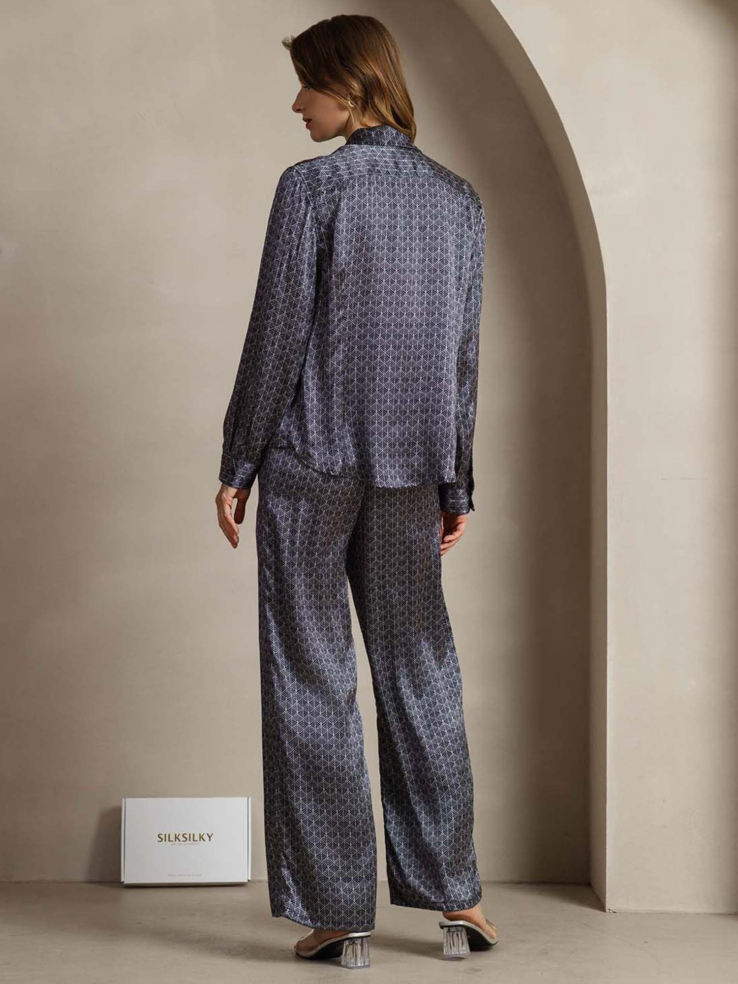 [جنكو كحلي] SilkSilky-SA 19Momme الحرير Lapel Collar Women''s Outfit Sets 004,