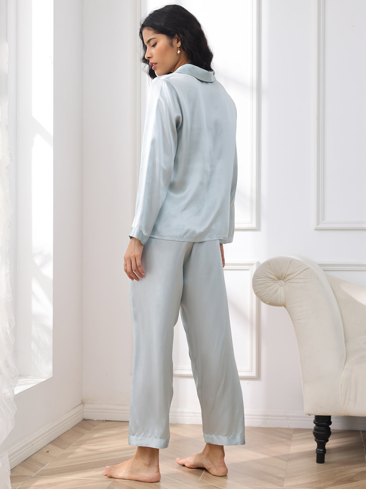 [أزرق فاتح] SilkSilky-SA Long Sleeve Lapel Collar طقم بيجامة نسائي 002