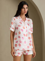 [أحمر شفاه أبيض] SilkSilky-SA Short Sleeve Notch Collar طقم بيجامة نسائي 001