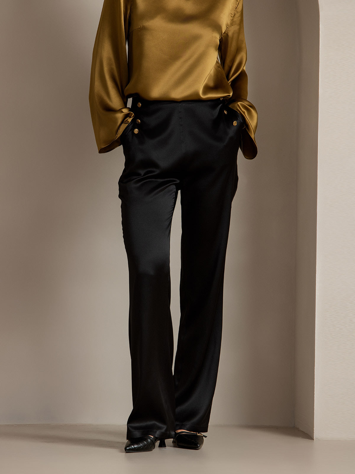 [أسود] SilkSilky-SA 19Momme الحرير Womens Pants 004