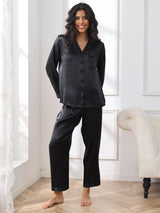 [أسود] SilkSilky-SA Long Sleeve Lapel Collar طقم بيجامة نسائي 003