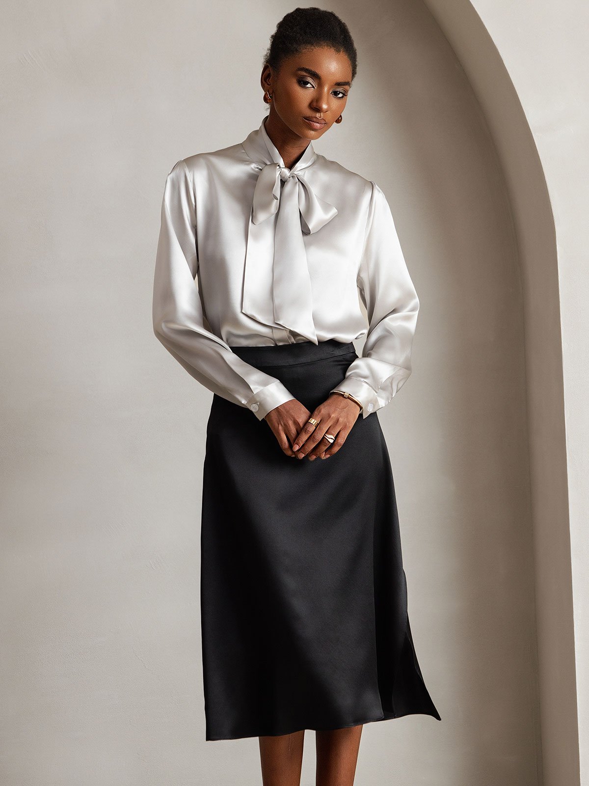 [رمادي فاتح] SilkSilky-SA 19Momme الحرير الأكمام الطويلة Blouse 006