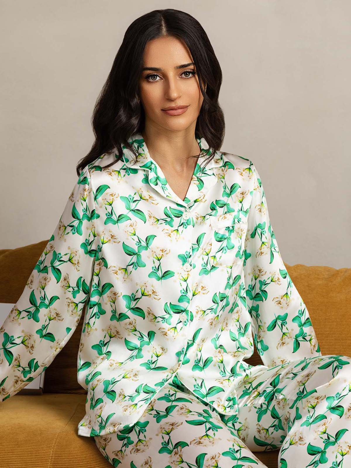 [زهري أخضر] SilkSilky-SA الحرير الخالص Womens Pajamas 005