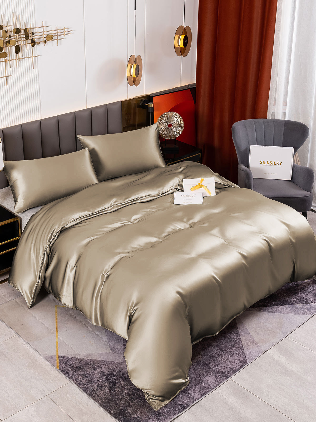 SilkSilky SA 19Momme الحرير الخالص Bedding Set شامبانيا 009