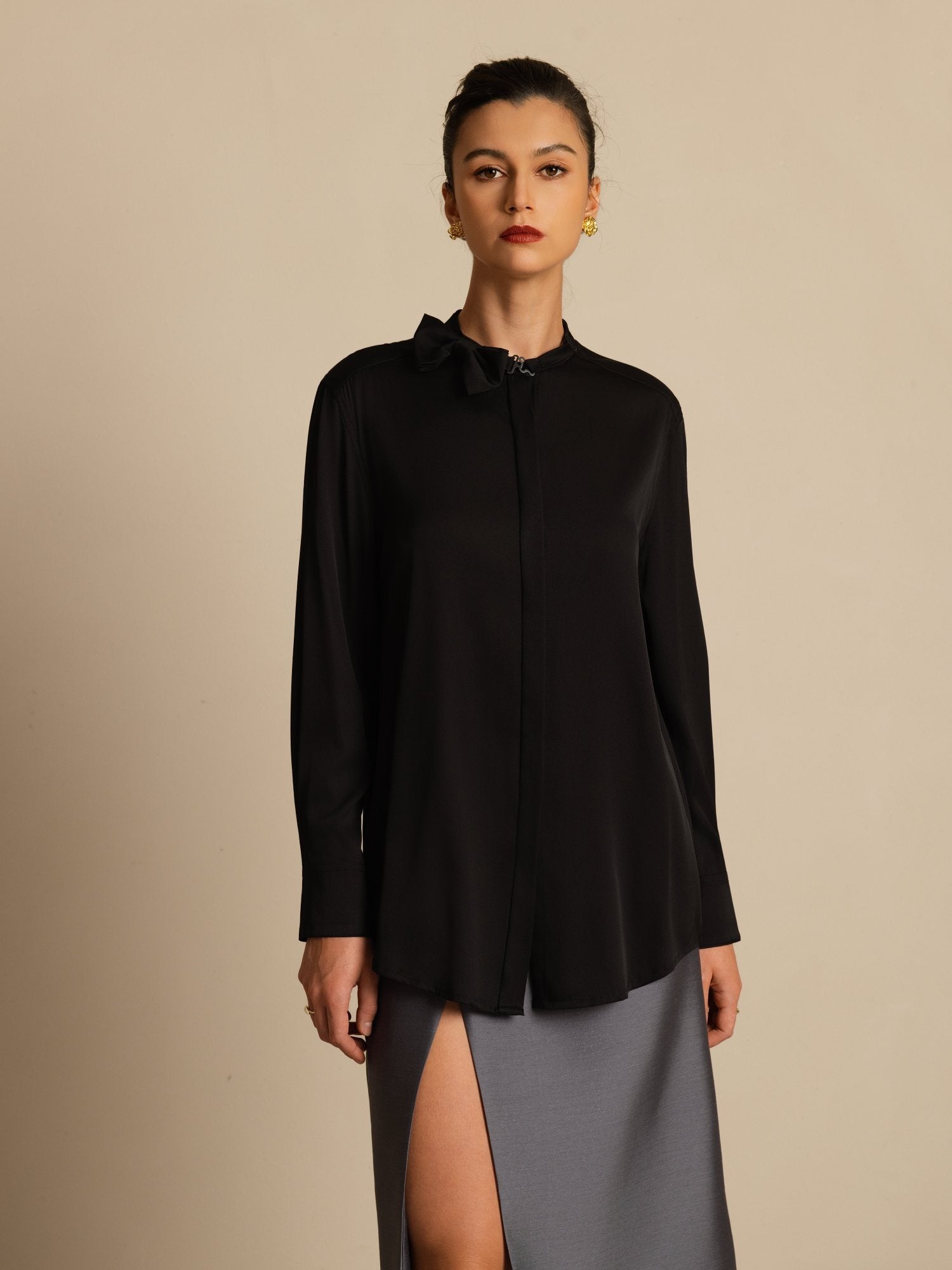 [أسود] SilkSilky-SA 19Momme الحرير الأكمام الطويلة ياقة القاع بلوزة 001