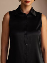 [أسود] SilkSilky-SA Sleeveless Lapel Collar بلايز نسائية 004