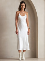 [أبيض] SilkSilky-SA Sleeveless V Neck فساتين نسائية 003