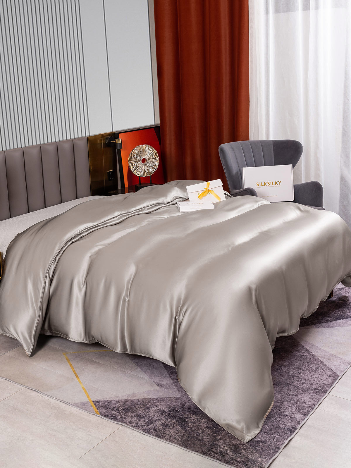 SilkSilky SA 22Momme الحرير الخالص Duvet Cover رمادي 004