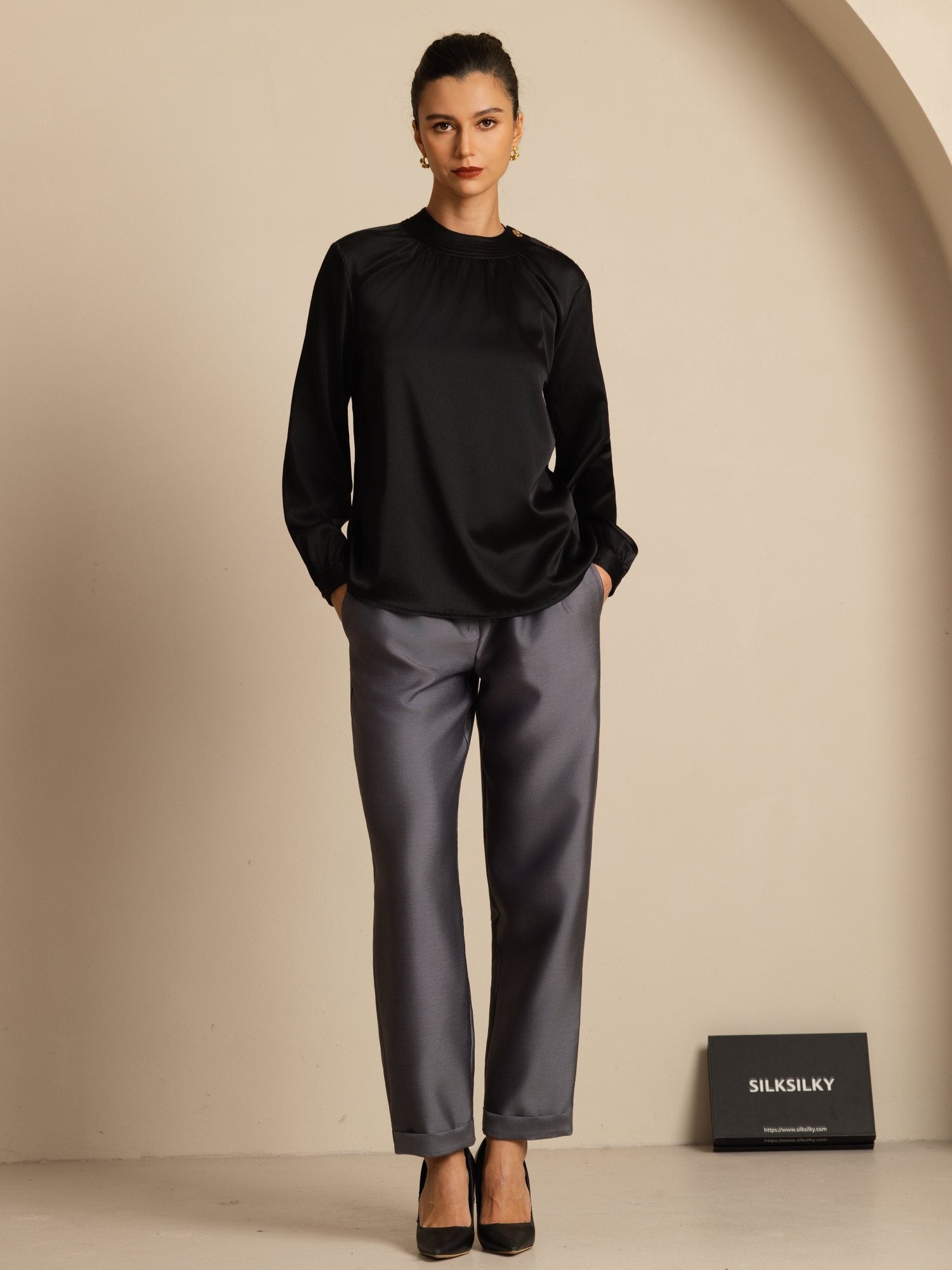 [أسود] SilkSilky-SA 19Momme الحرير الأكمام الطويلة رقبة مستديرة بلوزة 008