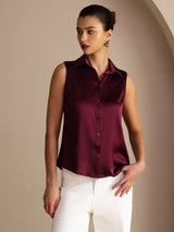 [احمر غامق] SilkSilky-SA Sleeveless Lapel Collar بلايز نسائية 003