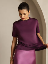 [أرجواني] SilkSilky-SA 100% Silk Jersey Short Sleeve ياقة نصف عالية تي شيرت نسائية 003