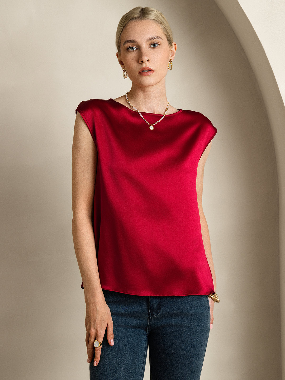 [خمر] SilkSilky-SA Cap Sleeve Round Neck تي شيرت نسائية 001