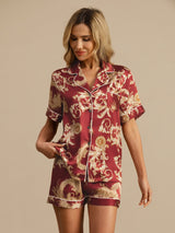 [تنين بلون النبيذ] SilkSilky-SA Short Sleeve Lapel Collar طقم بيجامة نسائي 004