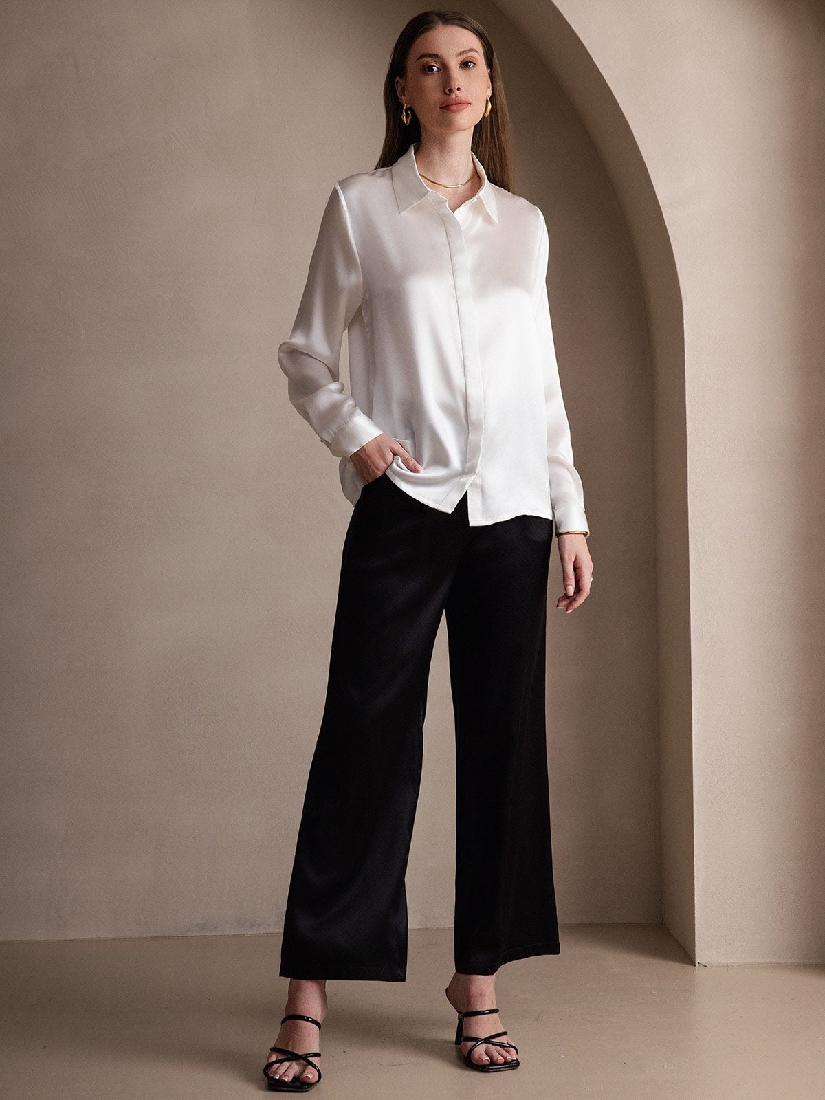 [أبيض] SilkSilky-SA 19Momme الحرير الأكمام الطويلة Lapel Collar بلايز نسائية 007