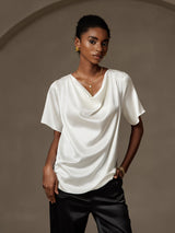 [أبيض] SilkSilky-SA Short Sleeve Cowl Neck بلوزات نسائية 003