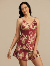 [تنين بلون النبيذ] SilkSilky-SA Spaghetti Strap V Neck مجموعة قميص قصير 004