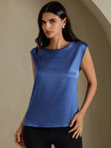 [أزرق بترولي حقيقي] SilkSilky-SA Cap Sleeve Round Neck تي شيرت نسائية 001