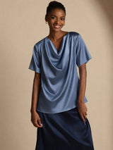 [أزرق بترولي حقيقي] SilkSilky-SA Short Sleeve Cowl Neck بلوزات نسائية 001