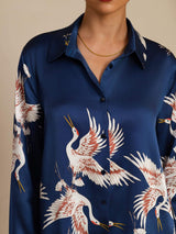 [أزرق غامق] SilkSilky-SA Long Sleeve Lapel Collar بلايز نسائية 006