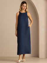 [أزرق غامق] SilkSilky-SA Sleeveless Crew Neck فساتين نسائية 005