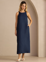 [أزرق غامق] SilkSilky-SA Sleeveless Crew Neck فساتين نسائية 005