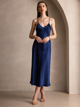 [أزرق غامق] SilkSilky-SA Sleeveless V Neck فساتين نسائية 003