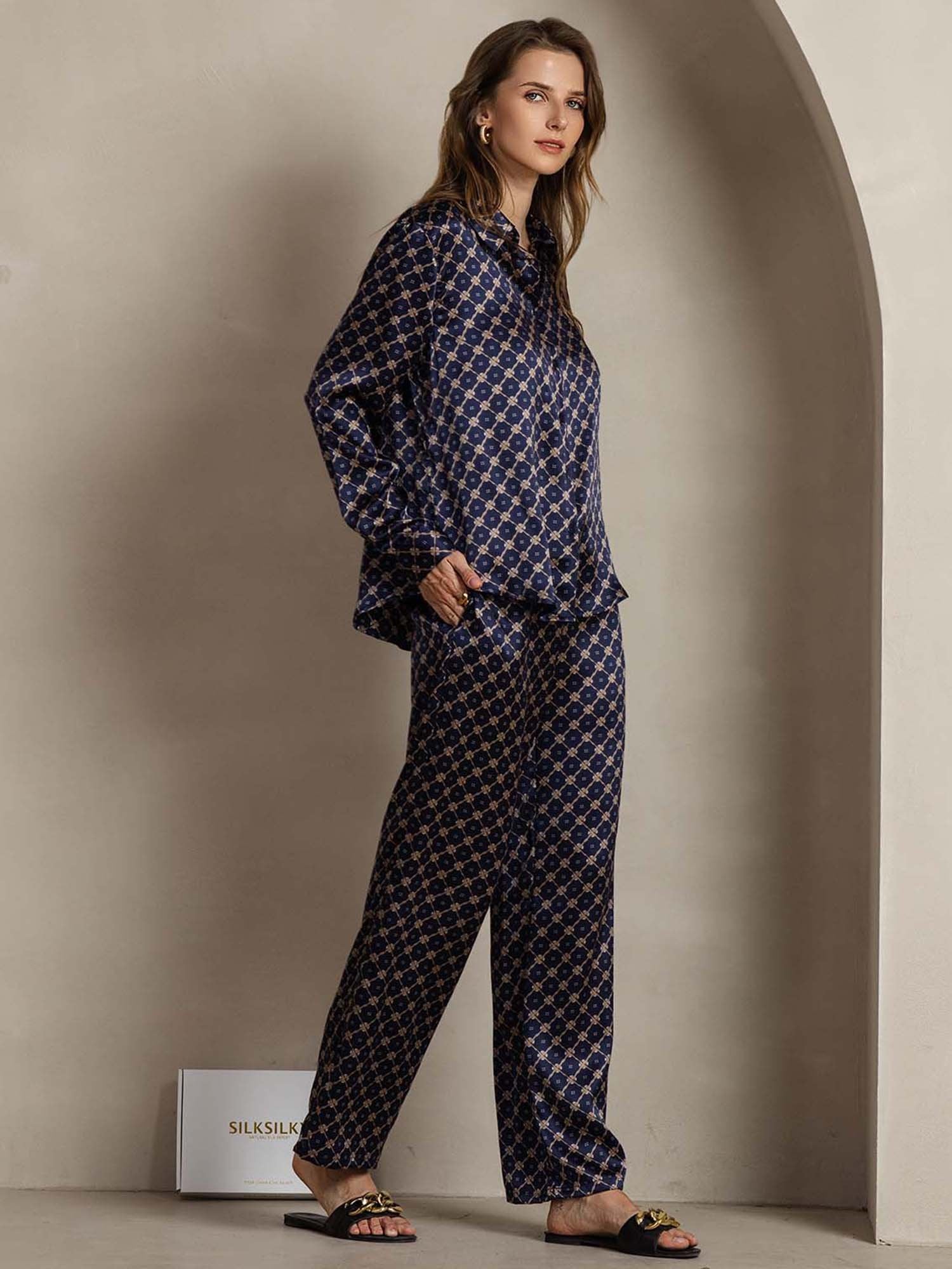 [سلسلة كحلي] SilkSilky-SA 19Momme الحرير Lapel Collar Women''s Outfit Sets 004