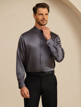 [الرمادي الداكن] SilkSilky-SA Long Sleeve Stand Collar قميص رجالي 006