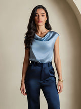 [أزرق رمادي] SilkSilky-SA Cap Sleeve Cowl Neck تي شيرت نسائية 003