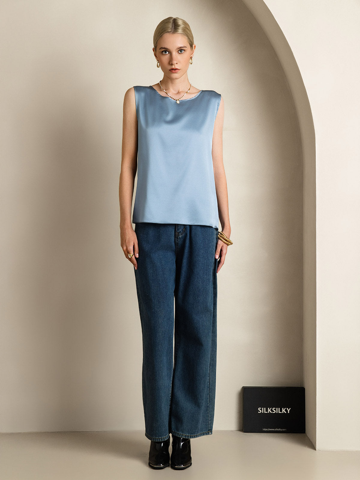 [أزرق رمادي] SilkSilky-SA 19Momme الحرير رقبة مستديرة كامي 006,