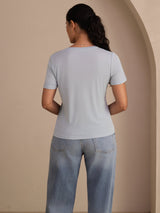 [أزرق رمادي] SilkSilky-SA Short Sleeve V Neck تي شيرت نسائية 002