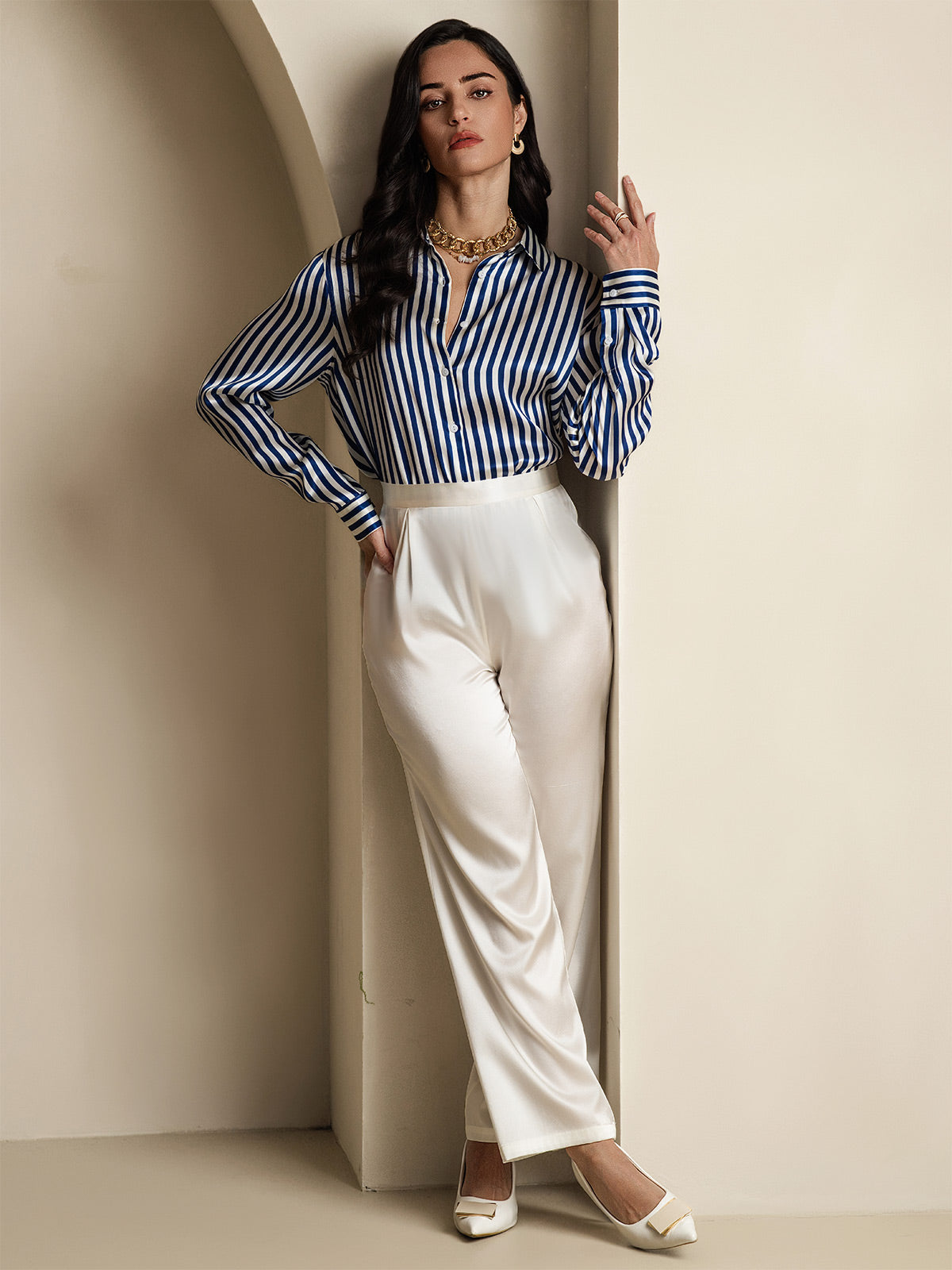 [أزرق] SilkSilky-SA الحرير Lapel Collar بلايز نسائية 008